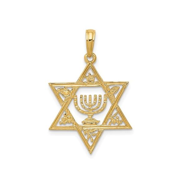 Star Of David with Menorah Pendant 14K Yellow Gold (NO CHAIN)